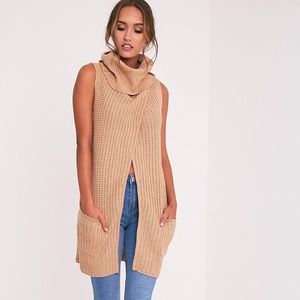 Camel Sleeveless Cowl Neck Jumper